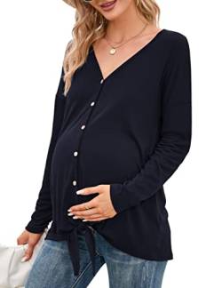 KOJOOIN Damen Stillshirt Schwangerschaftsshirt V-Ausschnitt Umstandsshirt Schwangere Langarm Nursing Tops mit Knöpfen geknotetes Umstandsmode Dunkelblau XL von KOJOOIN