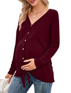 KOJOOIN Damen Stillshirt Schwangerschaftsshirt V-Ausschnitt Umstandsshirt Schwangere Langarm Nursing Tops mit Knöpfen geknotetes Umstandsmode Weinrot L von KOJOOIN