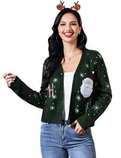 KOJOOIN Damen Strickjacke Kurz Weihnachten Cardigan V-Ausschnitt Langarm Christmas Pullover (Verpackung MEHRWEG) Grün,XL von KOJOOIN