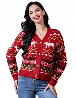 KOJOOIN Damen Strickjacke Kurz Weihnachten Cardigan V-Ausschnitt Langarm Christmas Pullover (Verpackung MEHRWEG) Rehkitz-Rot,S von KOJOOIN