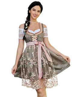 KOJOOIN Damen Trachtenkleid 3tlg.Dirndl Midi Kleid mit 3D Drucken für Oktoberfest-DREI Teilig: Kleid, Bluse, Schürze Rosa 40 von KOJOOIN