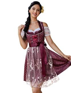 KOJOOIN Damen Trachtenkleid 3tlg.Dirndl Midi Kleid mit 3D Drucken für Oktoberfest-DREI Teilig: Kleid, Bluse, Schürze Rot(3D Drucken) 40 von KOJOOIN