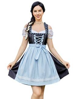 KOJOOIN Damen Trachtenkleid Kurz Dirndl 3tlg. Midi für Oktoberfest DREI Teilig: Dirndlkleid,Bluse,Schürze Karo(Blau) 34 von KOJOOIN