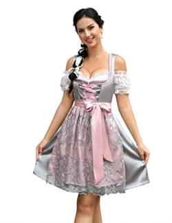 KOJOOIN Damen Trachtenkleid Midi Kurz Dirndl 3tlg. für Oktoberfest Drei Teilig: Dirndlkleid,Bluse,Schürze Grau 36 von KOJOOIN