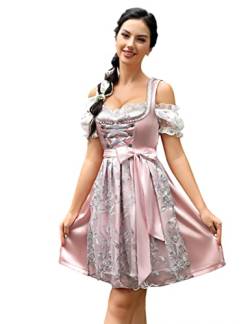 KOJOOIN Damen Trachtenkleid Midi Kurz Dirndl 3tlg. für Oktoberfest Drei Teilig: Dirndlkleid,Bluse,Schürze Rosa 42 von KOJOOIN