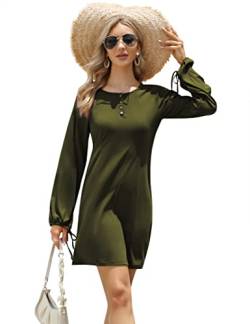 KOJOOIN Damen Tunika Kleid Casual Henley-Kleid Langarm Freizeitkleid Minikleider mit Kordelzug und Puffärmeln Armeegrün-3 M von KOJOOIN