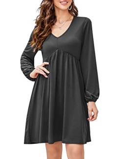 KOJOOIN Damen Tunika Kleid Langarm V-Ausschnitt Swing Kleid Knielang Hohe Taille Midikleid A-Linie Laternenärmel Elegante Freizeitkleid（Verpackung MEHRWEG）, A-Dunkelgrau, M von KOJOOIN