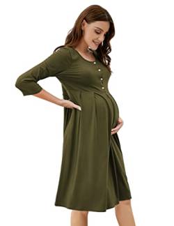 KOJOOIN Damen Umstandskleid Baumwolle Stillkleid Casual Schwangerschafts Kleider für Schwangere Armeegrün(3/4 Ärmel) M von KOJOOIN