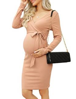 KOJOOIN Damen Umstandskleid Enge Langarm Stillkleid V-Ausschnitt Schwangere Kleider Mutterschaft Schwangerschaft Knielanges Partykleid mit Gürtel (Verpackung MEHRWEG), A-Beige, XL von KOJOOIN