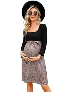 KOJOOIN Damen Umstandskleid Kleider für Schwangere Leopardenmuster Schwangerschafts Kleid für Schwangere quadratischer Kragen Khaki Leopardenmuster XXL von KOJOOIN