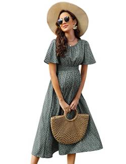 KOJOOIN Damen Umstandskleid Kurzarm Schwangerschafts Bedrucktes Kleid mit Rundhalsausschnitt und Rüschen Grün L von KOJOOIN