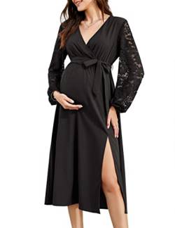 KOJOOIN Damen Umstandskleid Langarm Spitze Kleid V-Ausschnitt Umstandsmode Lange Elegante Schwangerschaftskleid Midi Split Partykleid mit Taillengürtel (Verpackung MEHRWEG), A-Dunkelgrau, S von KOJOOIN