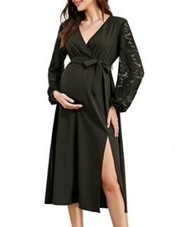 KOJOOIN Damen Umstandskleid Langarm Spitze Kleid V-Ausschnitt Umstandsmode Lange Elegante Schwangerschaftskleid Midi Split Partykleid mit Taillengürtel (Verpackung MEHRWEG), A-Olivgrün, M von KOJOOIN