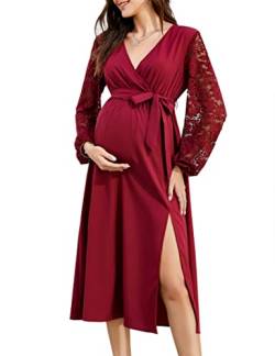 KOJOOIN Damen Umstandskleid Langarm Spitze Kleid V-Ausschnitt Umstandsmode Lange Elegante Schwangerschaftskleid Midi Split Partykleid mit Taillengürtel (Verpackung MEHRWEG), A-Weinrot, S von KOJOOIN