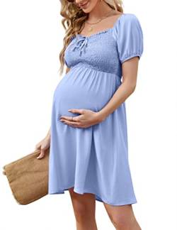 KOJOOIN Damen Umstandskleid Schwangerschafts Kleid aus Chiffon mit Kordelzug und Eckigem Ausschnitt Himmelblau M von KOJOOIN