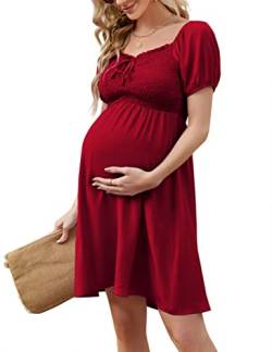 KOJOOIN Damen Umstandskleid Schwangerschafts Kleid aus Chiffon mit Kordelzug und Eckigem Ausschnitt Weinrot S von KOJOOIN