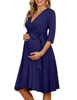 KOJOOIN Damen Umstandskleid Schwangerschafts Kleid für Schwangere Stillkleid V-Ausschnitt Langarm mit Taillengürtel（Verpackung MEHRWEG） Blau L von KOJOOIN