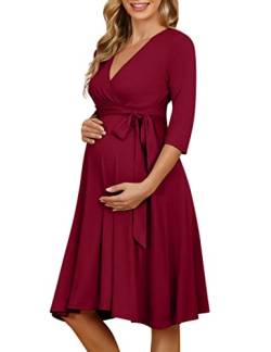 KOJOOIN Damen Umstandskleid Schwangerschafts Kleid für Schwangere Stillkleid V-Ausschnitt Langarm mit Taillengürtel（Verpackung MEHRWEG） Weinrot XL von KOJOOIN