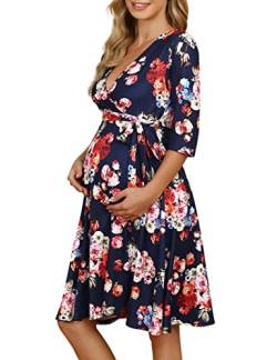 KOJOOIN Damen Umstandskleid Schwangerschafts Kleid für Schwangere Stillkleid V-Ausschnitt Langarm mit Taillengürtel Blumen01 L von KOJOOIN