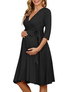 KOJOOIN Damen Umstandskleid Schwangerschafts Kleid für Schwangere Stillkleid V-Ausschnitt mit Taillengürtel Schwarz M von KOJOOIN
