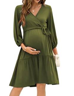 KOJOOIN Damen Umstandskleid V-Ausschnitt 3/4 Ärmel Stillkleid Rüschen Schwangerschafts Kleider mit Gürtel Armeegrün(3/4 Ärmel) M von KOJOOIN