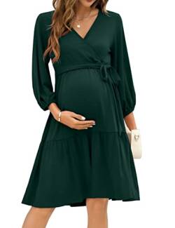 KOJOOIN Damen Umstandskleid V-Ausschnitt 3/4 Ärmel Stillkleid Rüschen Schwangerschafts Kleider mit Gürtel Dunkelgrün(3/4 Ärmel) L von KOJOOIN