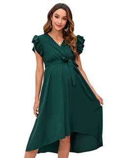 KOJOOIN Damen Umstandskleid V-Ausschnitt 3/4 Ärmel Wickelkleid Casual Hi-Low Midi Tie Stillkleid mit Gürtel, Dunkelgrün-kurz, Klein von KOJOOIN