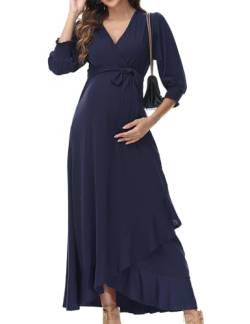 KOJOOIN Damen Umstandskleid V-Ausschnitt Langarm Stillkleid Schwangerschaftskleid mit Rüschen Blumenkleid DunKelblau Blumen XL von KOJOOIN