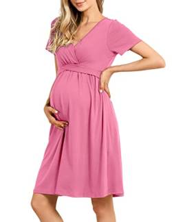 KOJOOIN Damen Umstandskleid V-Ausschnitt Stillkleid Casual Falten Schwangerschaftskleid Rosa(Kurzarm) XL von KOJOOIN