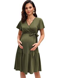 KOJOOIN Damen Umstandskleid V-Ausschnitt Stillkleid Casual Schwangerschafts Kleider mit Rüsche Armeegrün(Kurzarm) XL von KOJOOIN