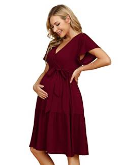 KOJOOIN Damen Umstandskleid V-Ausschnitt Stillkleid Casual Schwangerschafts Kleider mit Rüsche Burgundy(Kurzarm) L von KOJOOIN