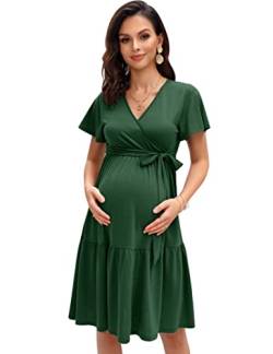 KOJOOIN Damen Umstandskleid V-Ausschnitt Stillkleid Casual Schwangerschafts Kleider mit Rüsche Dunkelgrün(Kurzarm) L von KOJOOIN