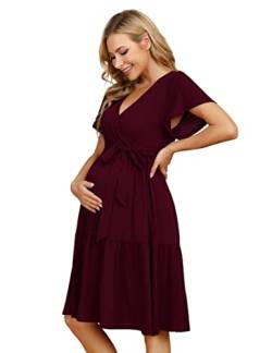 KOJOOIN Damen Umstandskleid V-Ausschnitt Stillkleid Casual Schwangerschafts Kleider mit Rüsche Grape(Kurzarm) M von KOJOOIN