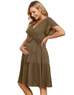 KOJOOIN Damen Umstandskleid V-Ausschnitt Stillkleid Casual Schwangerschafts Kleider mit Rüsche Khaki(Kurzarm) XL von KOJOOIN