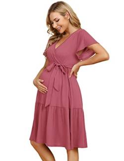 KOJOOIN Damen Umstandskleid V-Ausschnitt Stillkleid Casual Schwangerschafts Kleider mit Rüsche Rosa(Kurzarm) M von KOJOOIN