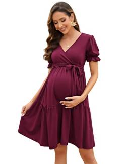KOJOOIN Damen Umstandskleid V-Ausschnitt Stillkleid Elegant Puff Ärmel Schwangerschafts Kleider mit Rüsche Weinrot(Kurzarm) L von KOJOOIN