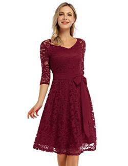 KOJOOIN Damen Vintage Kleid Brautjungfernkleid Knielang Langarm Spitzenkleid Cocktailkleid Bordeaux Weinrot XXL von KOJOOIN