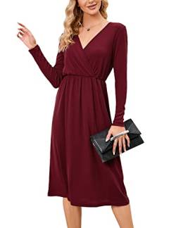 KOJOOIN Damen Wickelkleid Midi Kleider Langarm Tunika Kleid V-Ausschnitt Strickkleid Casual Freizeitkleid (Verpackung MEHRWEG), A-Weinrot, M von KOJOOIN