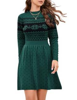 KOJOOIN Frauen Langarm Strick Rundhalsausschnitt Hohe Taille A-Linie Niedlich Mini Pullover Kleid, Hässliches Grün, Klein von KOJOOIN