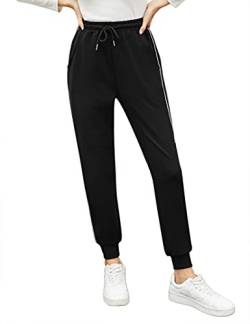 KOJOOIN Jogginghose Damen Lange Sporthose Baumwolle Sweathose Loose Fit Freizeithose mit Streifen und Taschen,für Jogging Fitness Trainingshose Schwarz M von KOJOOIN