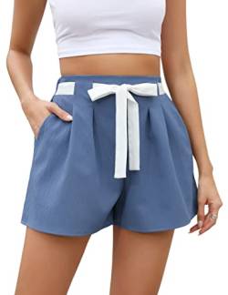 KOJOOIN Kurze Hose Damen Hoch Taillierte Kordelzug Shorts Plissee Weite Solide Shorts Blau XL von KOJOOIN