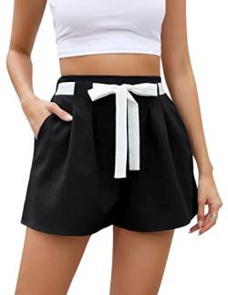 KOJOOIN Kurze Hose Damen Hoch Taillierte Kordelzug Shorts Plissee Weite Solide Shorts Schwarz XXL von KOJOOIN