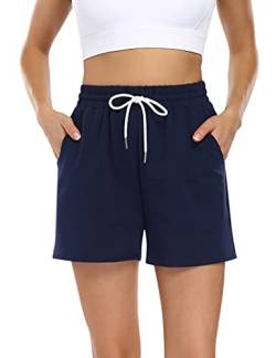 KOJOOIN Kurze Hose Damen Shorts Sommer Kurze Sporthose Baumwolle Jogginghose Loose Fit Sweathose mit Taschen,für Jogging Yoga Fitness Freizeithose A-Dunkelblau XL von KOJOOIN