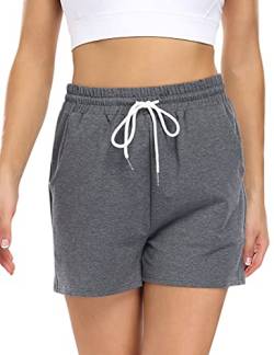 KOJOOIN Kurze Hose Damen Shorts Sommer Kurze Sporthose Baumwolle Jogginghose Loose Fit Sweathose mit Taschen,für Jogging Yoga Fitness Freizeithose A-Dunkelgrau L von KOJOOIN