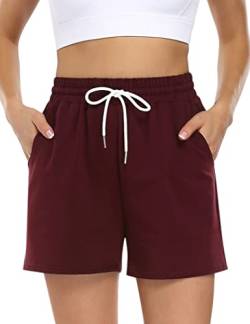 KOJOOIN Kurze Hose Damen Shorts Sommer Kurze Sporthose Baumwolle Jogginghose Loose Fit Sweathose mit Taschen,für Jogging Yoga Fitness Freizeithose A-Weinrot L von KOJOOIN