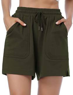 KOJOOIN Kurze Hose Damen Shorts Sommer Kurze Sporthose Loose Fit Jogginghose Sweathose mit Taschen, für Jogging Yoga Fitness Freizeithose Armeegrün XL von KOJOOIN