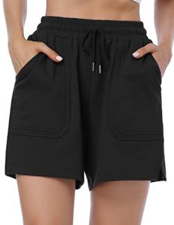 KOJOOIN Kurze Hose Damen Shorts Sommer Kurze Sporthose Loose Fit Jogginghose Sweathose mit Taschen, für Jogging Yoga Fitness Freizeithose Schwarz L von KOJOOIN