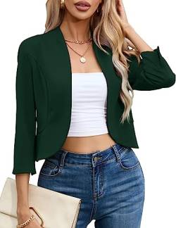 KOJOOIN Lässiger Cropped-Blazer für Damen, 3/4-Ärmel, ohne Kragen, vorne offen, Rüschen, Arbeit, Büro, Cardigan, Anzugjacke, Jacke, dunkelgrün, XL von KOJOOIN