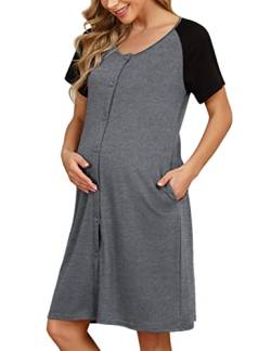 KOJOOIN Nachthemd Damen Geburt Stillnachthemd Kurzarm Nachtwäsche Baumwolle Umstandsnachthemd mit Durchgehender Knopfleiste Dunkelgrau B(Kurzarm) XL von KOJOOIN