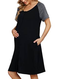 KOJOOIN Nachthemd Damen Geburt Stillnachthemd Kurzarm Nachtwäsche Baumwolle Umstandsnachthemd mit Durchgehender Knopfleiste Schwarz B(Kurzarm) L von KOJOOIN